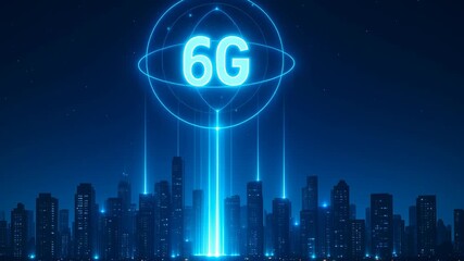 6G Technology Revolutionizes Connection and Communication in Urban Skyscrapers, Illuminating City Networks Under Starry Night Sky - Powered by Adobe