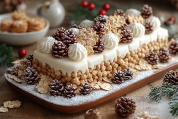 Fototapeta premium White chocolate and nut dessert on wooden board.