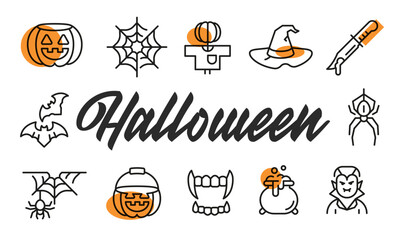 Halloween poster. Halloween poster design with Pumpkin, Witch Hat, Spider, Syringe, Vampire icons. Simply poster for presentations, covers. Banner template. Vector illustration.