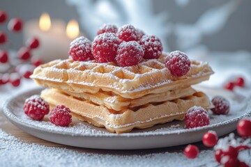 Plate of waffles with raspberries and powdered sugar.