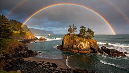 Double rainbow over the oregon coast with rocky island and ocean waves