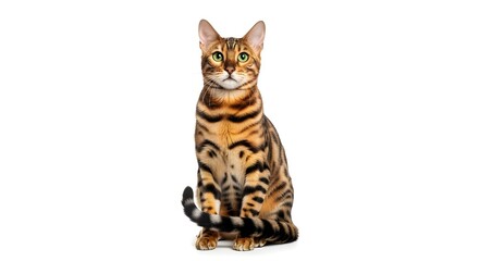 Sitting Bengal cat with intricate fur pattern, isolated on a white background.