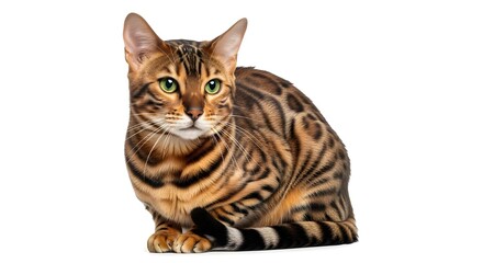 Bengal cat sitting, isolated on a white background, detailed fur pattern.