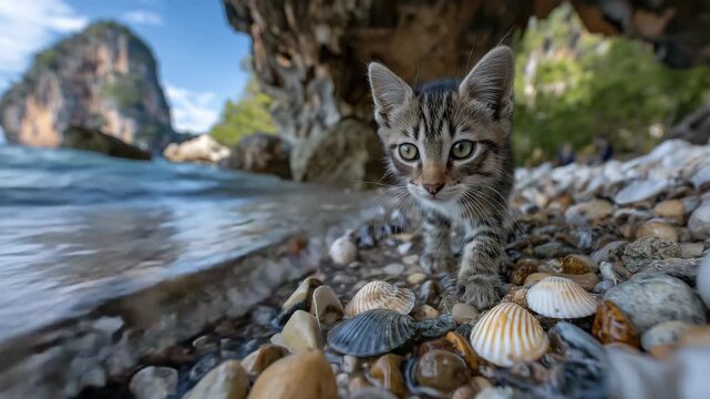105Playful kitten chasing seashells along Railay Beach shoreline, soft ripples of water glistening as limestone rocks frame the background
