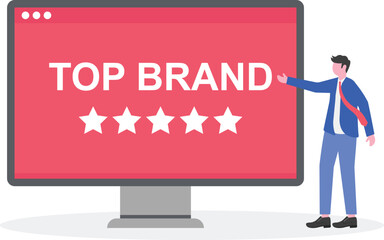 Businessman standing next to a star icon labeled TOP BRAND,
