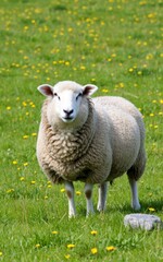 Obraz premium A single sheep standing in a field of green grass and yellow flowers