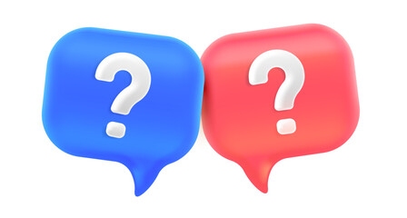 Vector illustration of realistic two speech bubble with question mark. 3d cartoon style design of blue and red color speech bubble with question. Social media symbol of communication and faq icon