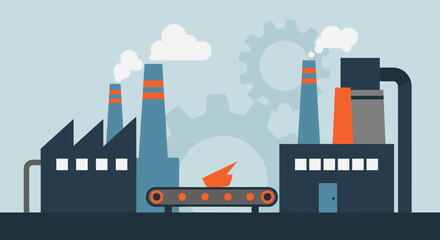 Manufacturing industry illustration factory buildings conveyor belt and gears