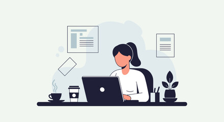 Professional woman working remotely on laptop Business and freelance concept illustration