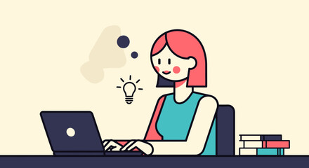 Woman working on laptop gets a bright idea Concept of creativity innovation and remote work