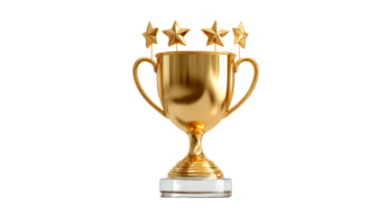 Golden Trophy with Five Stars on White Background, cut out transparent