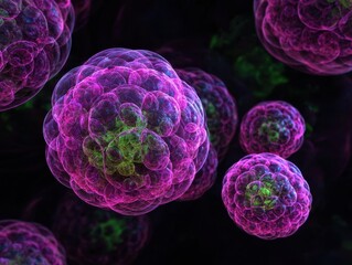 Macro view of intricately textured magenta and green cellular structures, forming spherical clusters against a deep dark background