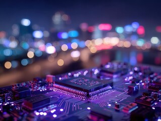 Vibrant city lights reflecting on a glowing purple circuit board, urban computing, night cityscape, data streams, technological advancement, metropolitan infrastructure, digital innovation, electronic