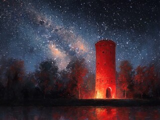 Fototapeta premium Moonlit Starry Night Painting Red Tower Forest Landscape Still Water Reflection Cosmic Sky Art Illuminated Rural Scene Dark Environment