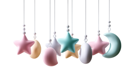 Softly Colored Star and Moon Shapes Hanging with Beads, cut out transparent