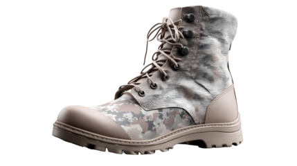 Tan and gray pixelated camouflage combat boot, cut out transparent