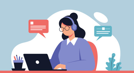 Remote worker providing online support via laptop and headset Flat vector illustration