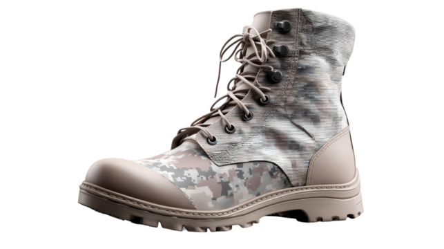 Tan and gray pixelated camouflage combat boot, cut out transparent