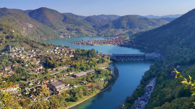 View of hills and the Drina River on an autumn day from Zvornik Fortress