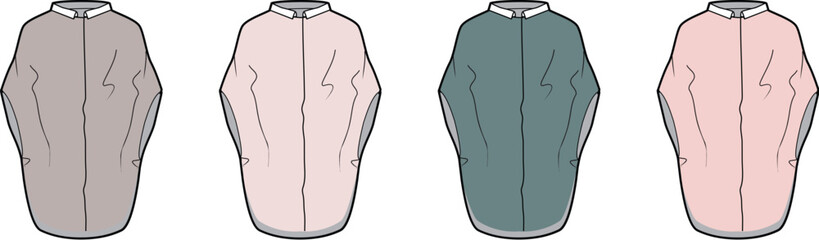 Collection of four cartoon-style drawings of stylish, loose-fitting tops in various pastel shades