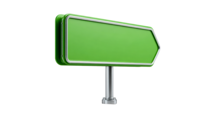 Green directional signpost on metal pole against white background, cut out transparent