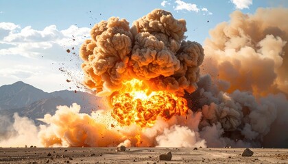 Massive Explosion Creates Large Mushroom Cloud With Flying Debris Over Arid Desert Landscape Under Bright Sunlight
