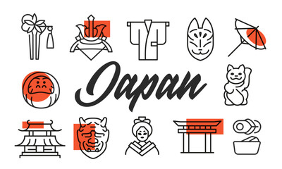 Japan poster. Japan poster design with cultural icons. Kimono, Torii, Geisha, Mask, Sushi icons. Simple poster for presentations, covers. Banner template. Vector illustration.