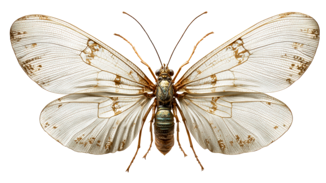 Delicate transparent insect wings with intricate venation and brown markings, cut out transparent