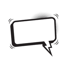 Rectangular comic speech bubble with lightning bolt tail and halftone dots. Pop art style black and white vector for shouting or dialogue.

