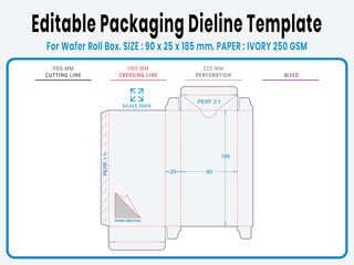 Editable packaging dieline template for wafer roll box. Real dimensions with cutting, creasing, and bleed guides. Ready-to-use vector file for printing and production setup.