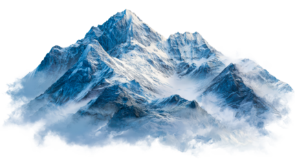 Majestic snow-capped mountain peak shrouded in mist, cut out transparent