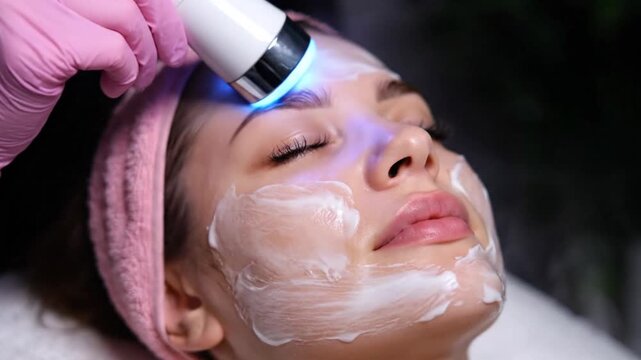 Young Woman Receiving Blue Light Therapy Facial Treatment at a Beauty Salon.