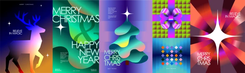 Selbstklebende Fototapeten Restaurant Modern Christmas and New Year background with abstract gradient, geometric shapes, and festive typography. Stylish neon design, deer, 3D Christmas tree, gift, bow, highlight for greeting card, poster   © Ardea-studio