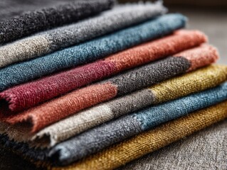 Folded Stack of Textured Linen Fabric Swatches Multi Colored Textile Materials Arranged in a Pile for Apparel Home Decor Upholstery Selection