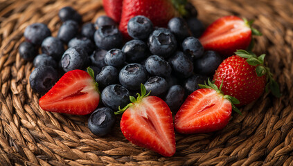 An arrangement of blueberries and strawberry halves on a rustic wicker mat