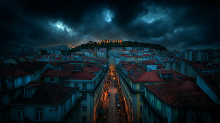 Colorful tiled rooftops in Lisbon with historic street layout