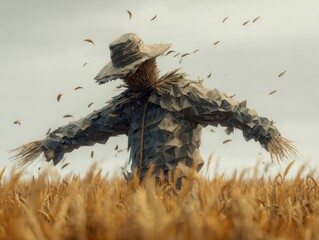 Low poly scarecrow with hat and straw arms in wheat field birds flying neutral sky digital art
