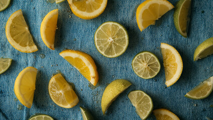 A mix of lemon and lime wedges scattered on a rustic blue linen cloth