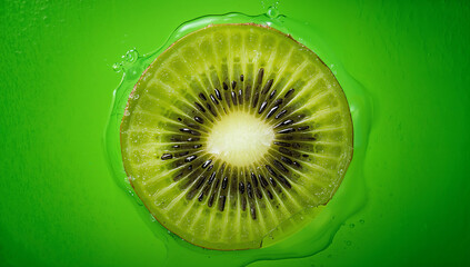 A single, perfectly halved kiwi, showing its emerald green flesh, black seeds, and white core