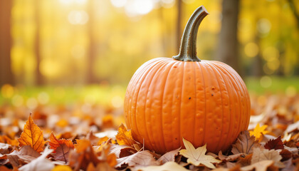 Orange pumpkin resting on autumn leaves in a sunlit forest  