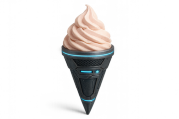 Futuristic ice cream cone featuring soft serve, glowing blue lights, and mechanical details on transparent background