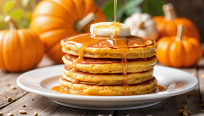 Stack of pumpkin pancakes drizzled with syrup on wooden table  