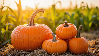 Four pumpkins of different sizes on hay in a sunny field  