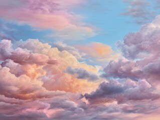 Vibrant Pastel Cloud Panorama: Expansive Sky with Dynamic Pink, Orange, and Blue Cloud Formations, Illuminating a Wide and Colorful Natural Scene