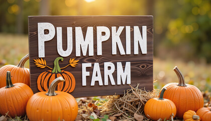 Pumpkin farm sign with pumpkins in autumn field during sunset  