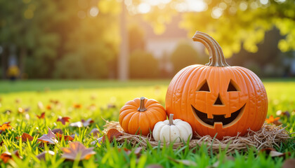 Halloween pumpkins with carved faces on grass in autumn sunlight  