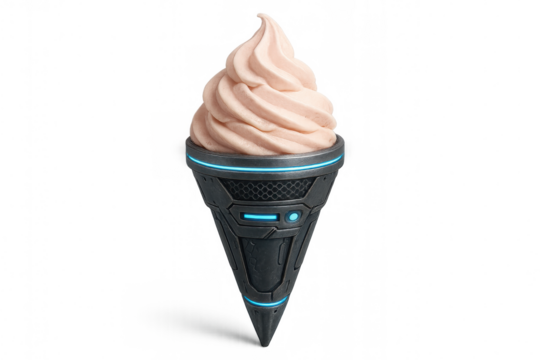 Futuristic ice cream cone featuring soft serve, glowing blue lights, and mechanical details on transparent background
