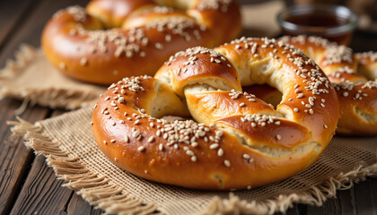 Freshly baked soft pretzels with sesame seeds on burlap cloth  