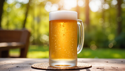 Cold beer in glass mug with foam on wooden table outdoors  