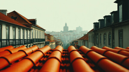 Colorful tiled rooftops in Lisbon with historic street layout
